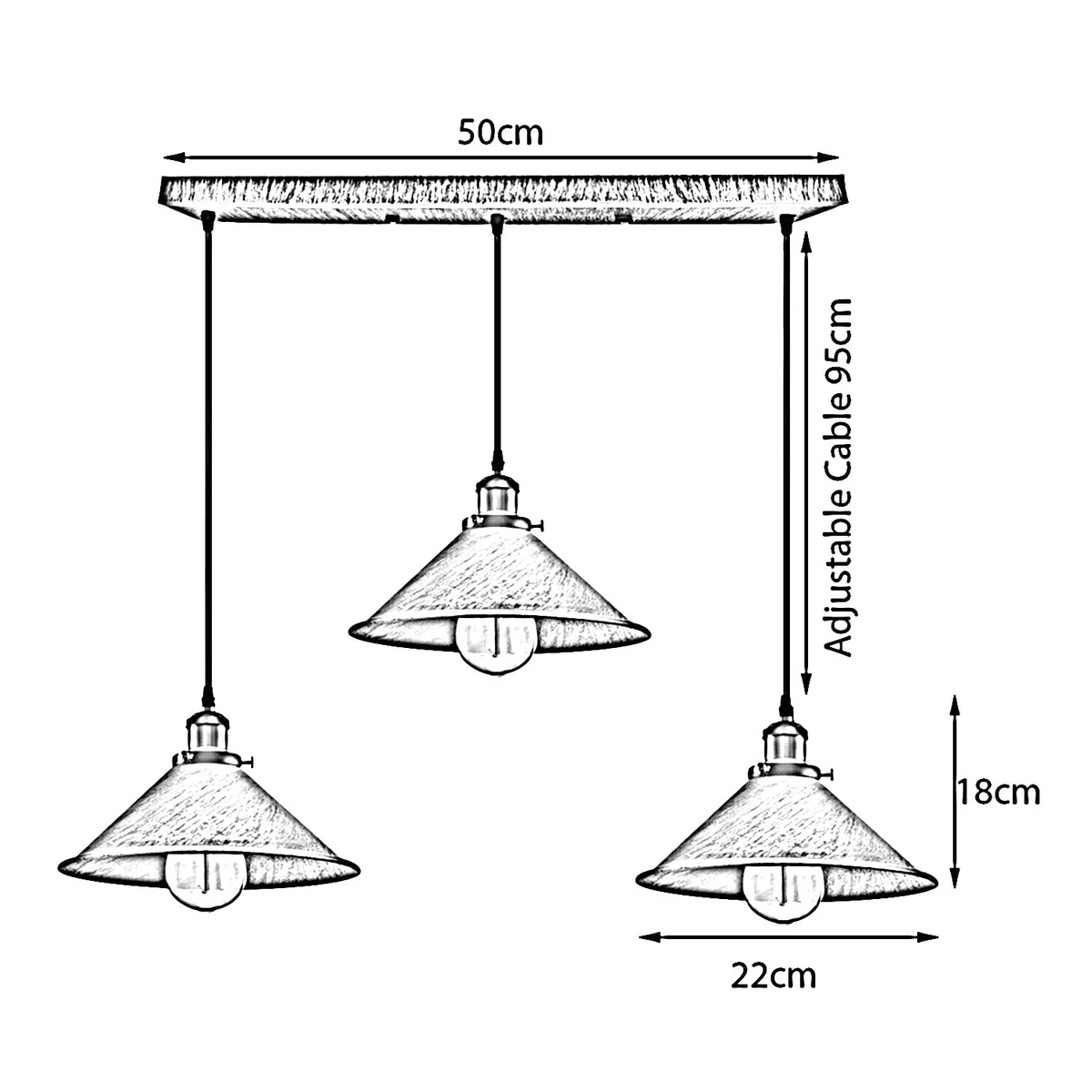 Industrial E27 pendant light with metal body, three 95 cm PVC cables and metal ceiling plate for a warm ambience