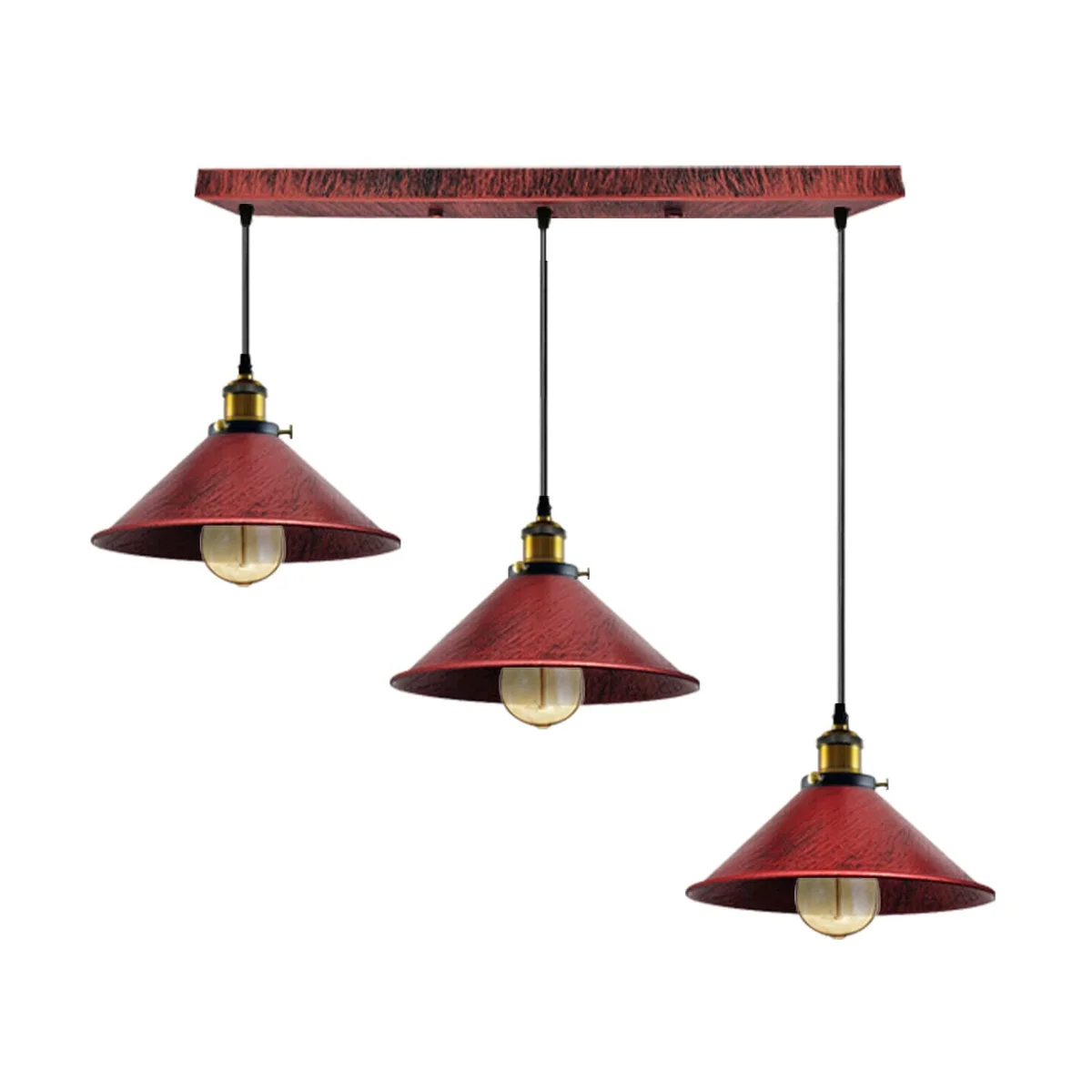 Industrial metal ceiling pendant lighting fixture with three 95cm PVC cables, metal frame and PVC shades.