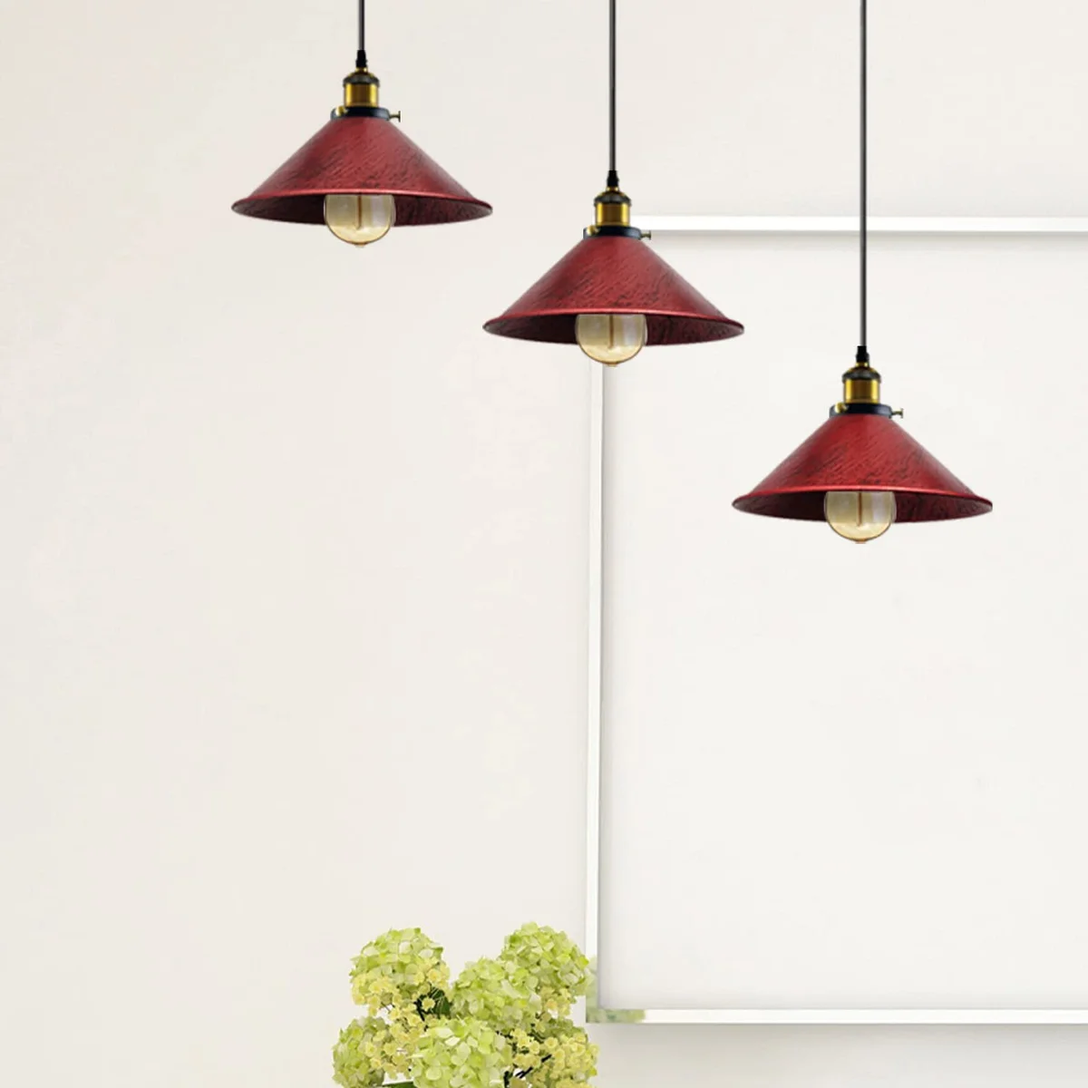 Industrial pendant light with metal base, three PVC cable chains, lamp holders, and floor‑to‑ceiling shades