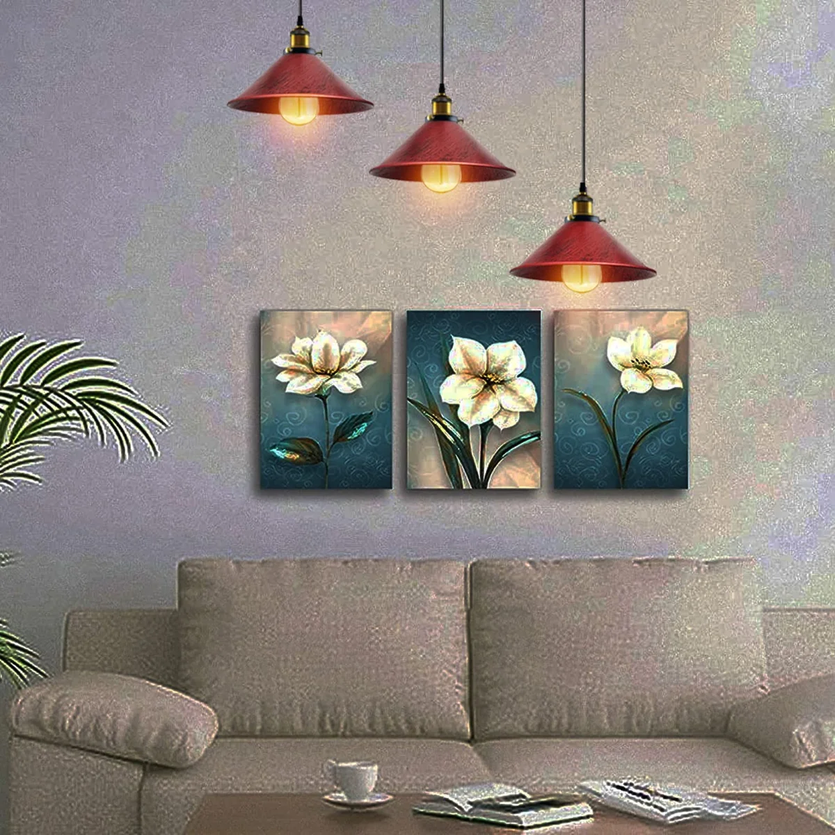 Industrial pendant light with metal frame and PVC cables, featuring three light holders and decorative shades