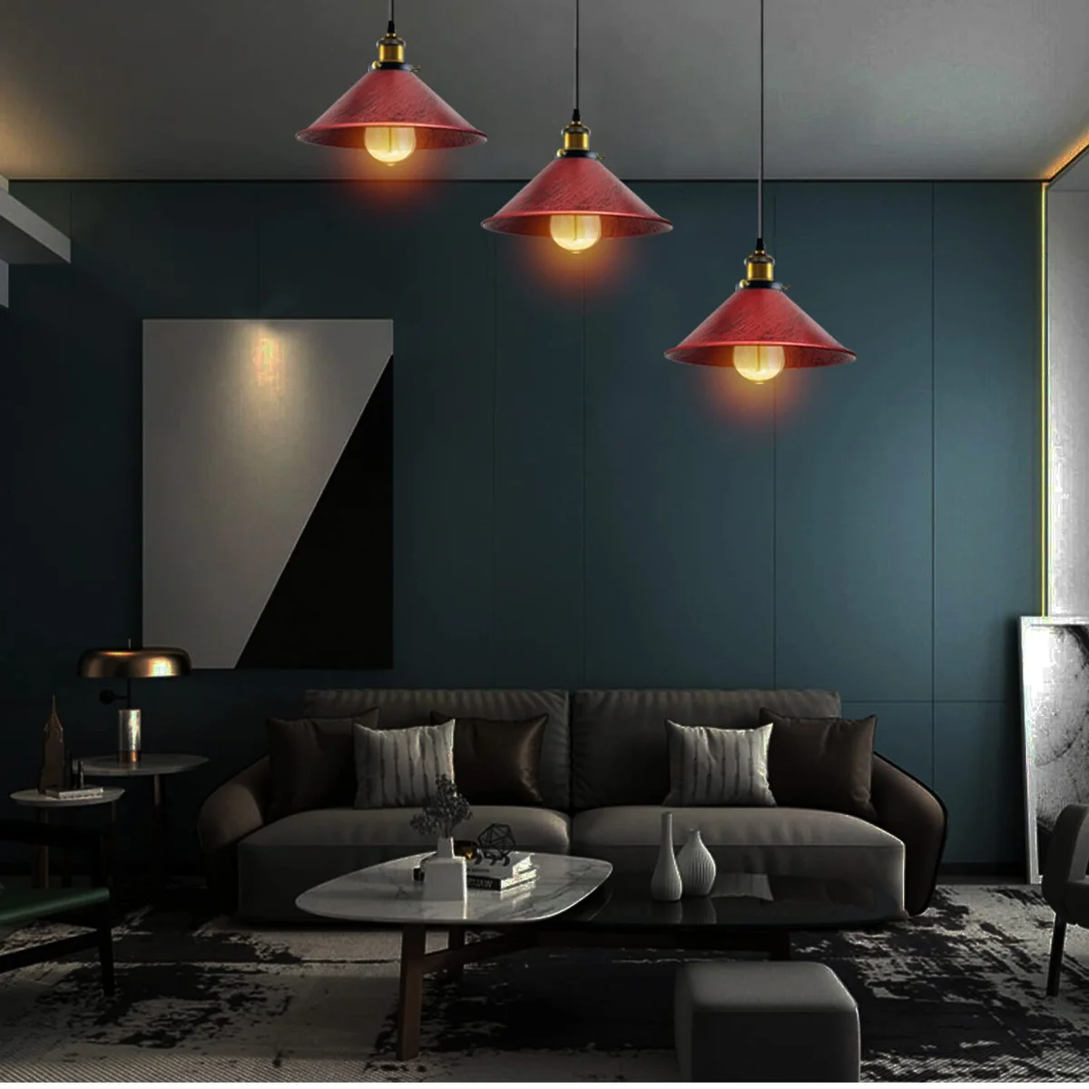 Industrial pendant light with metal frame, three PVC cables, brass base and three shades, ready for E27 bulbs.