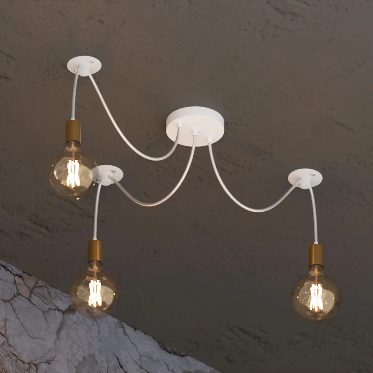 Industrial LED chandelier with three E27 lamp holders, metal and PVC design, hanging pendant light fixture with 95cm wire