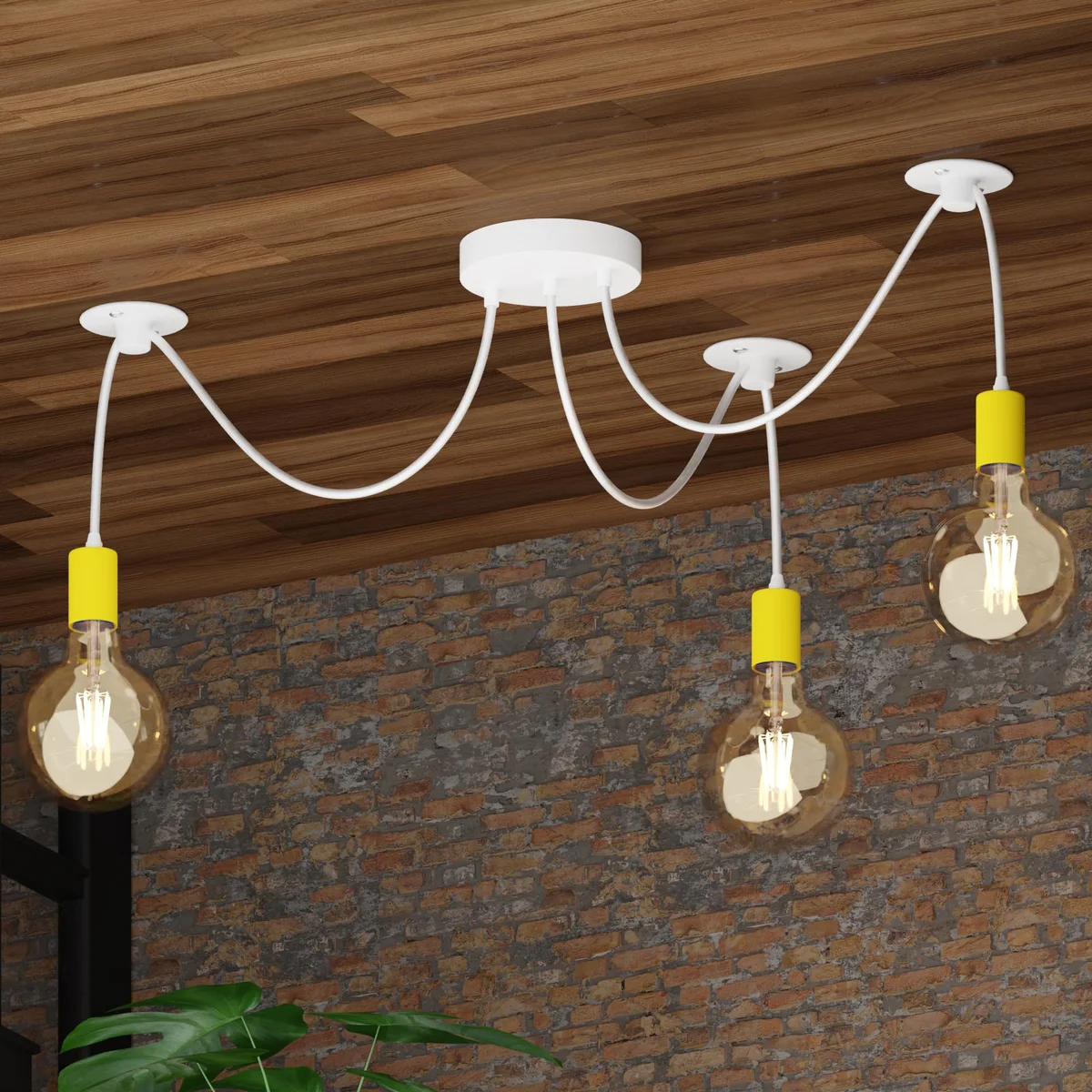 Industrial LED chandelier with three E27 light holders, metal and PVC design, 95cm wired pendant fixture in various colors