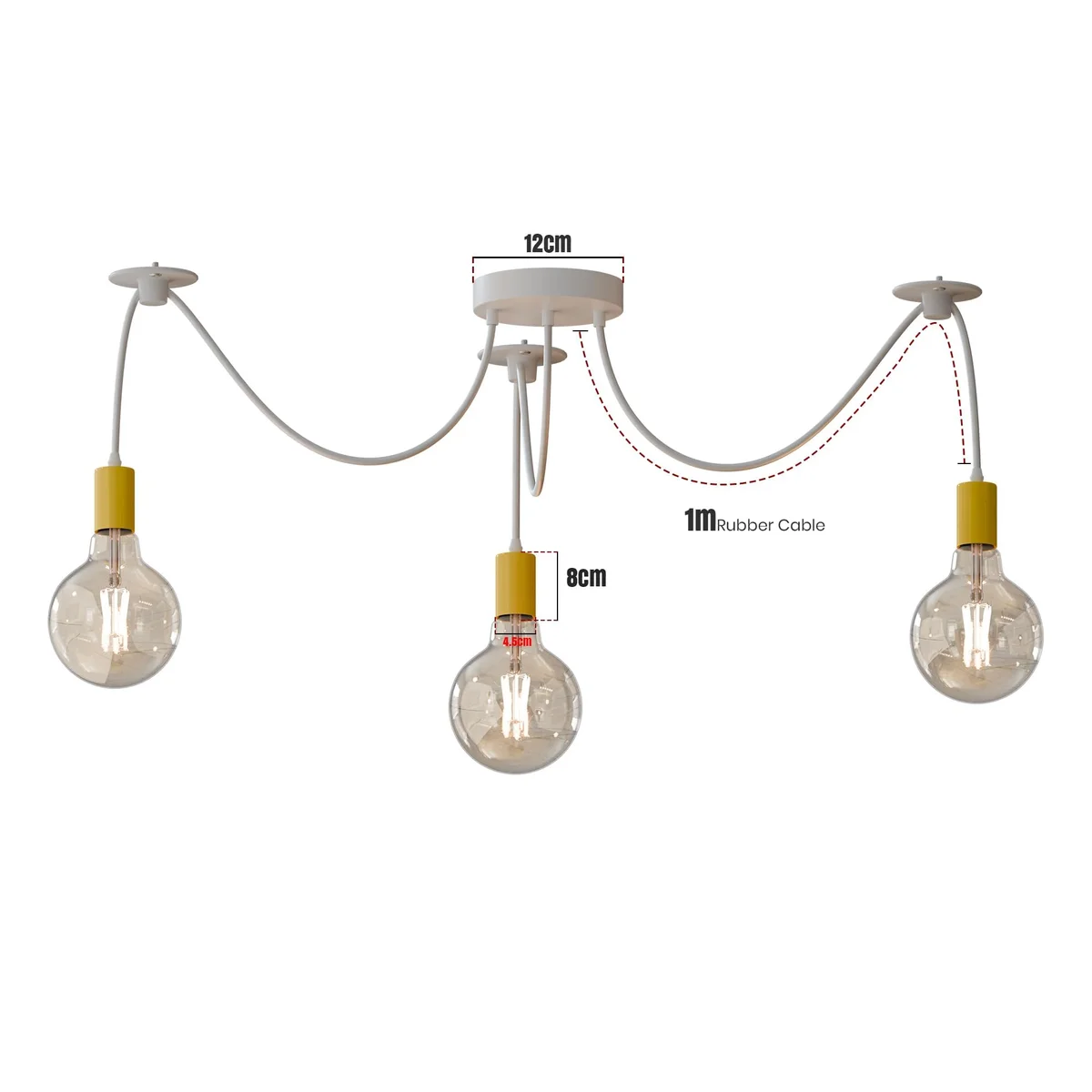 Industrial multi bulb chandelier with three E27 holders, metal and PVC design, 95cm wires, no bulbs included