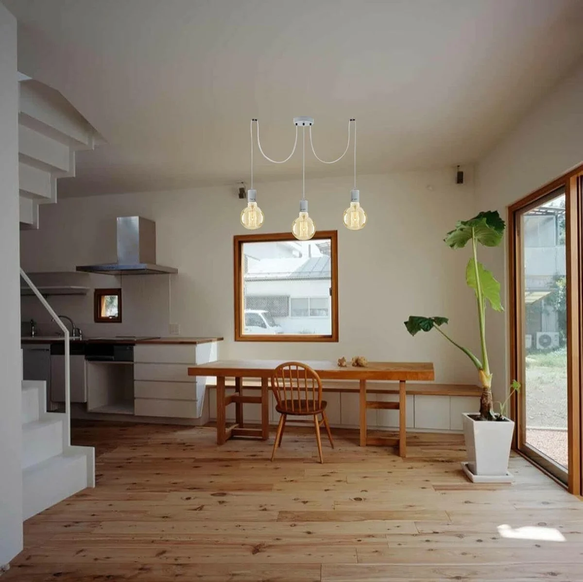 Industrial LED chandelier with three E27 lamp holders, metal and PVC design, 95cm wires, ceiling plate included