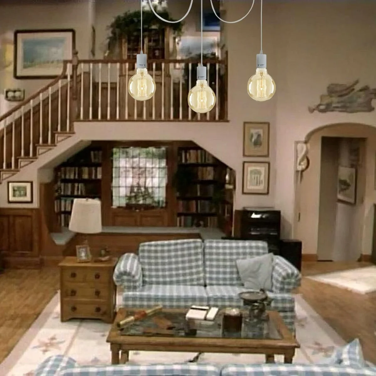 Industrial LED chandelier with three E27 lamp holders, metal and PVC design, hanging from a 95cm wire in various colors