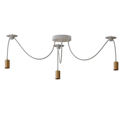 Industrial LED chandelier with three E27 lamp holders, metal and PVC materials, and 95cm wires hanging from ceiling plate