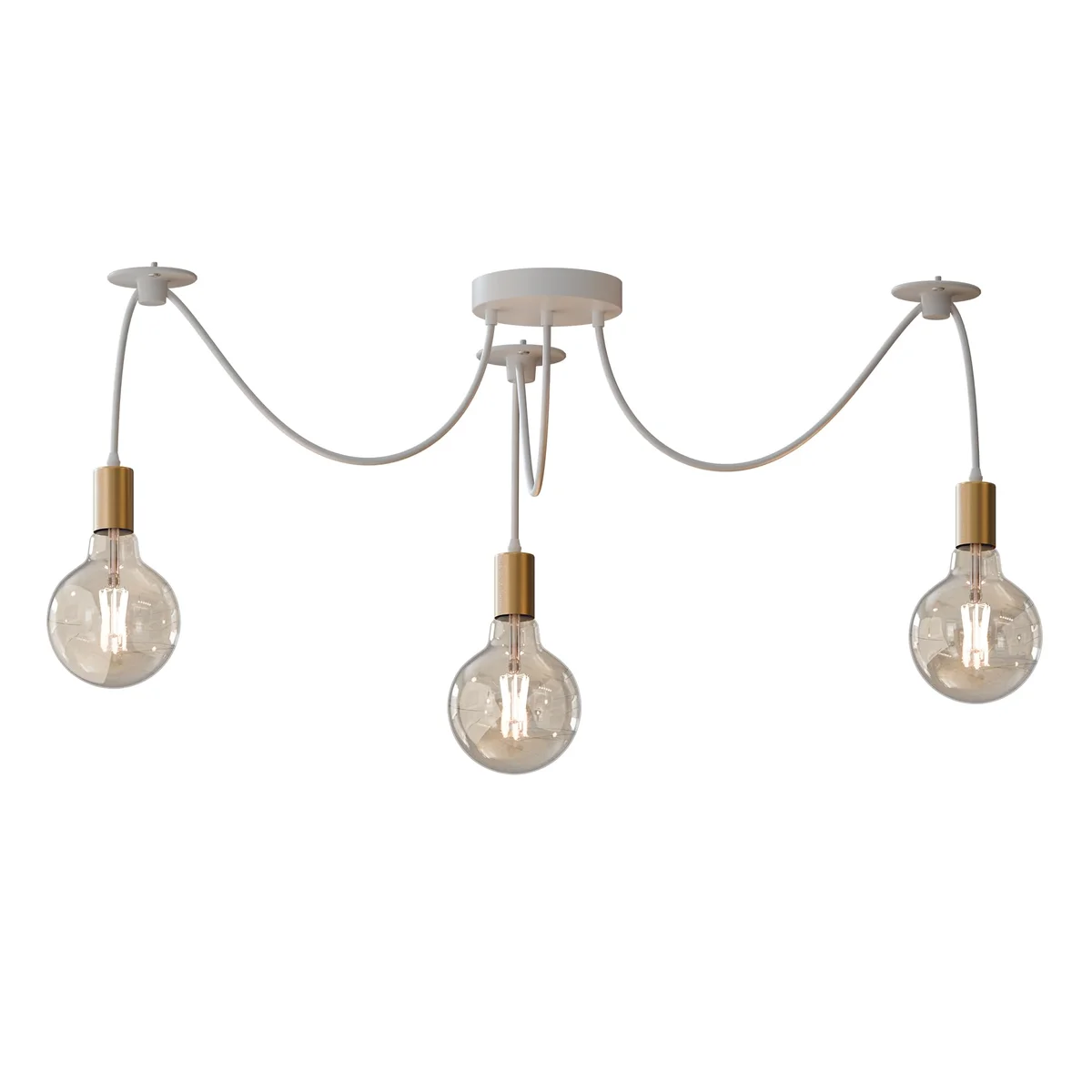 Industrial LED chandelier with three E27 lamp holders, metal and PVC design, 95cm wires, ceiling plate included.