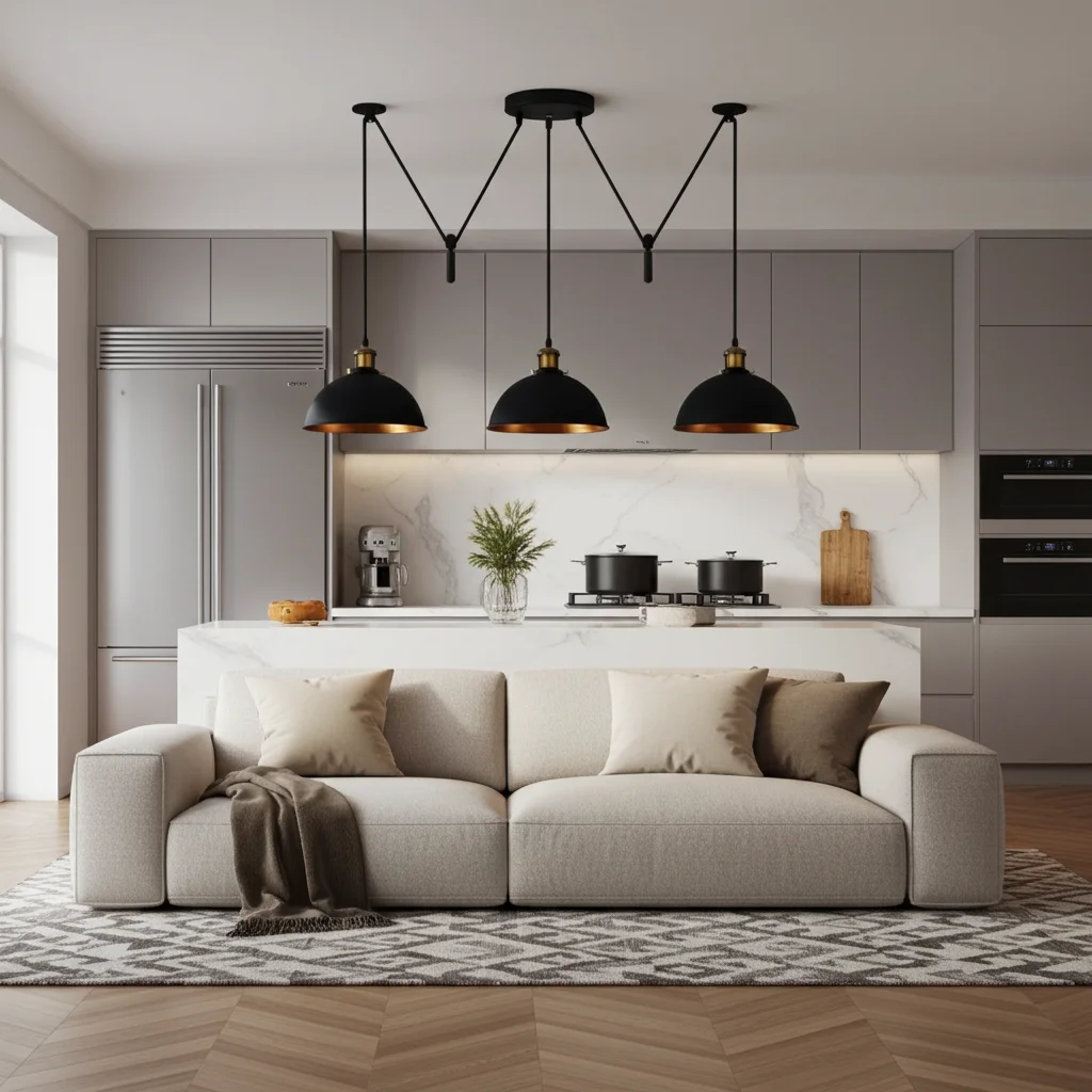 Vintage pendant light with three black metal shades and gold inner finish, ceiling-mounted industrial design