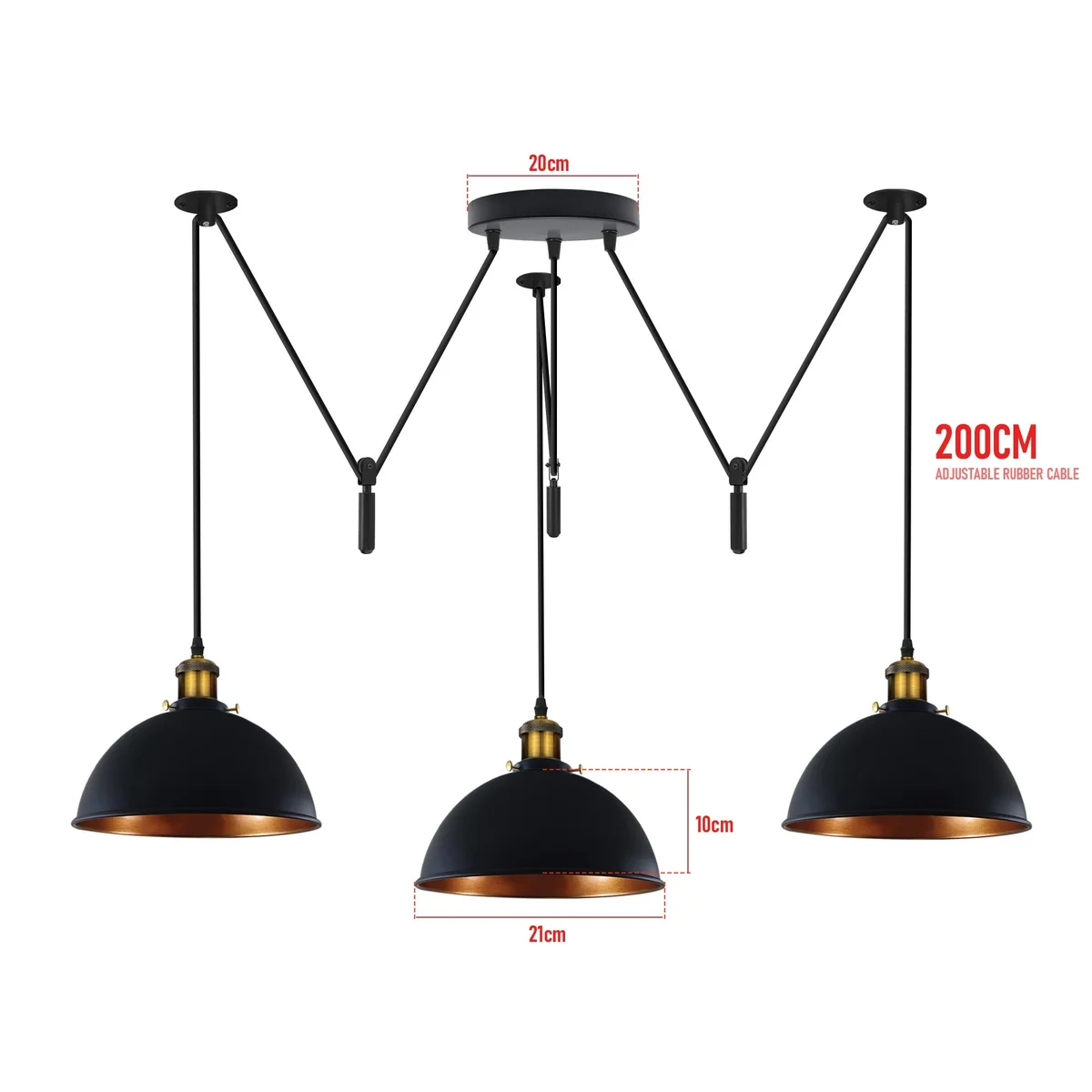 Black vintage industrial pendant light with three metal shades and gold inner finish hanging from ceiling