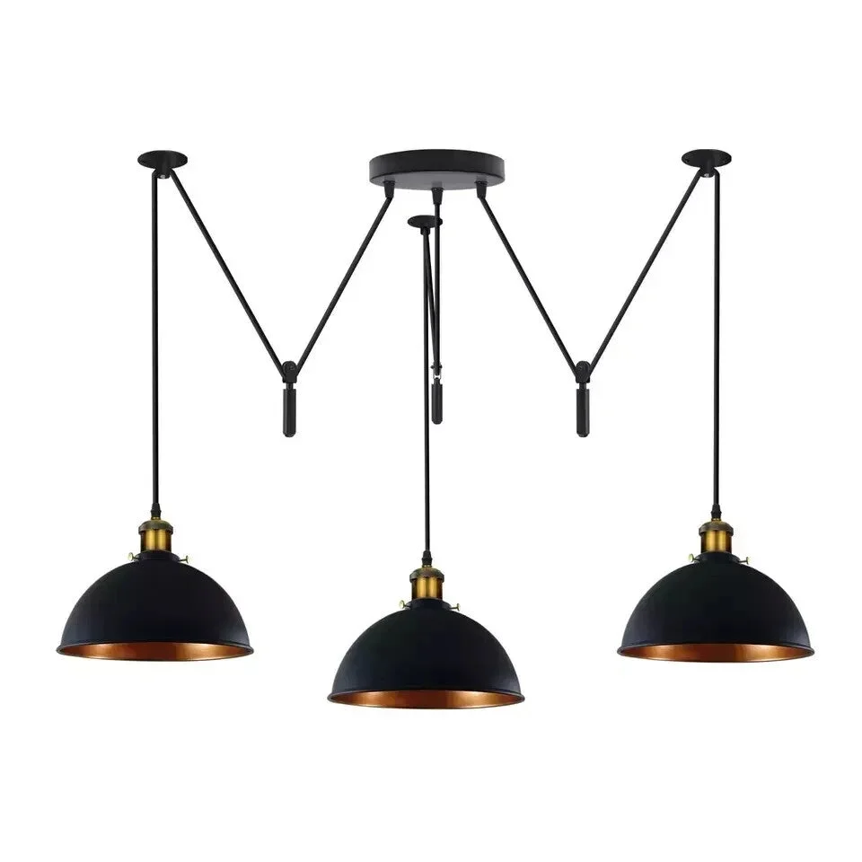 Vintage industrial style 3 light pendant with black metal exterior and gold inner 21cm shades, ceiling mounted design