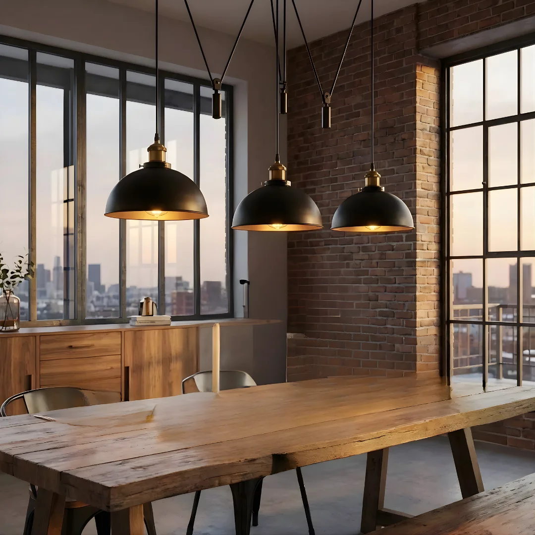 Black gold pendant light with three metal shades, vintage industrial style, ceiling mounted, 21cm diameter each shade