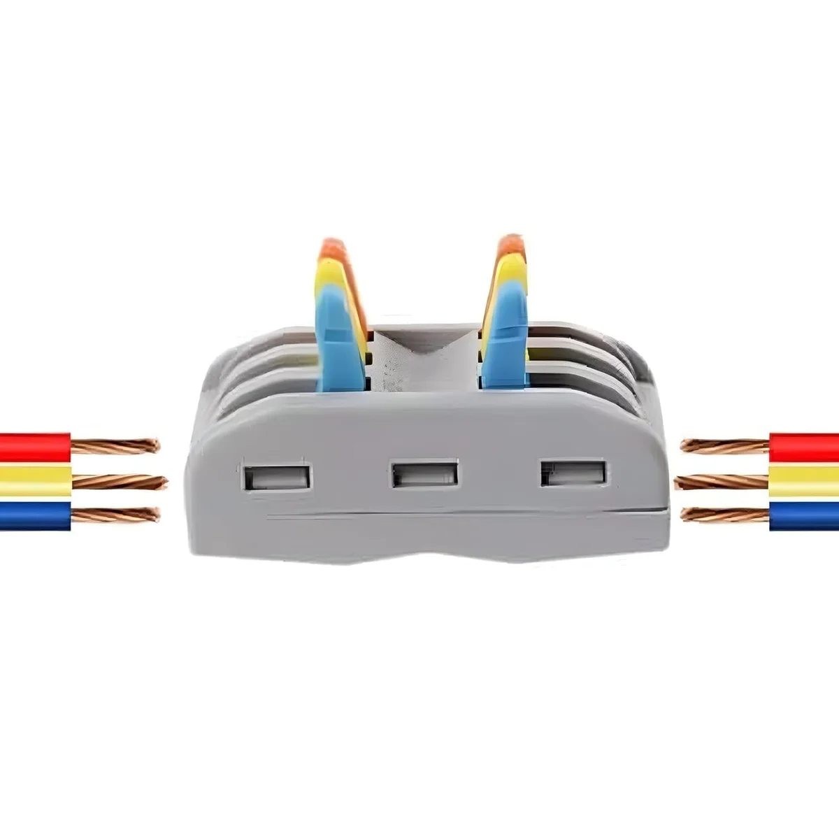 Compact 8-way lever nut wire connector with transparent PVC casing and orange levers for secure wire clamping