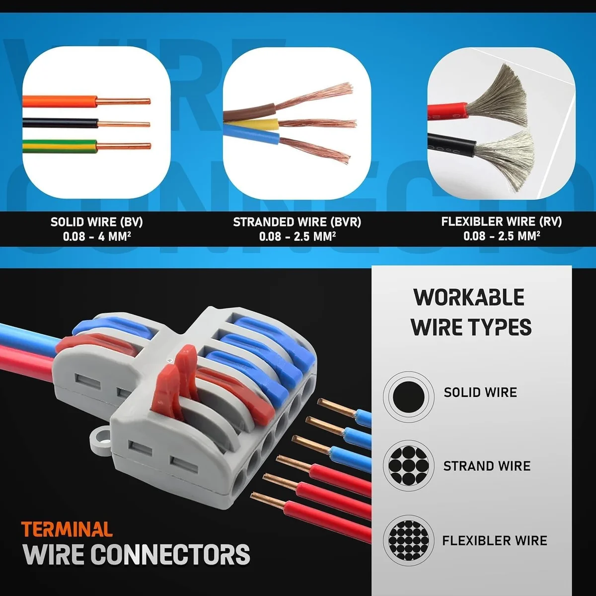 8-way tool-free wire connector with levers open, showing copper contacts inside compact PVC body for secure wiring