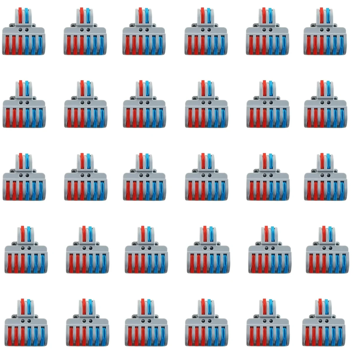 Compact 8-way wire connector with eight lever clamps, PVC exterior, and copper internal springs for secure wiring connections