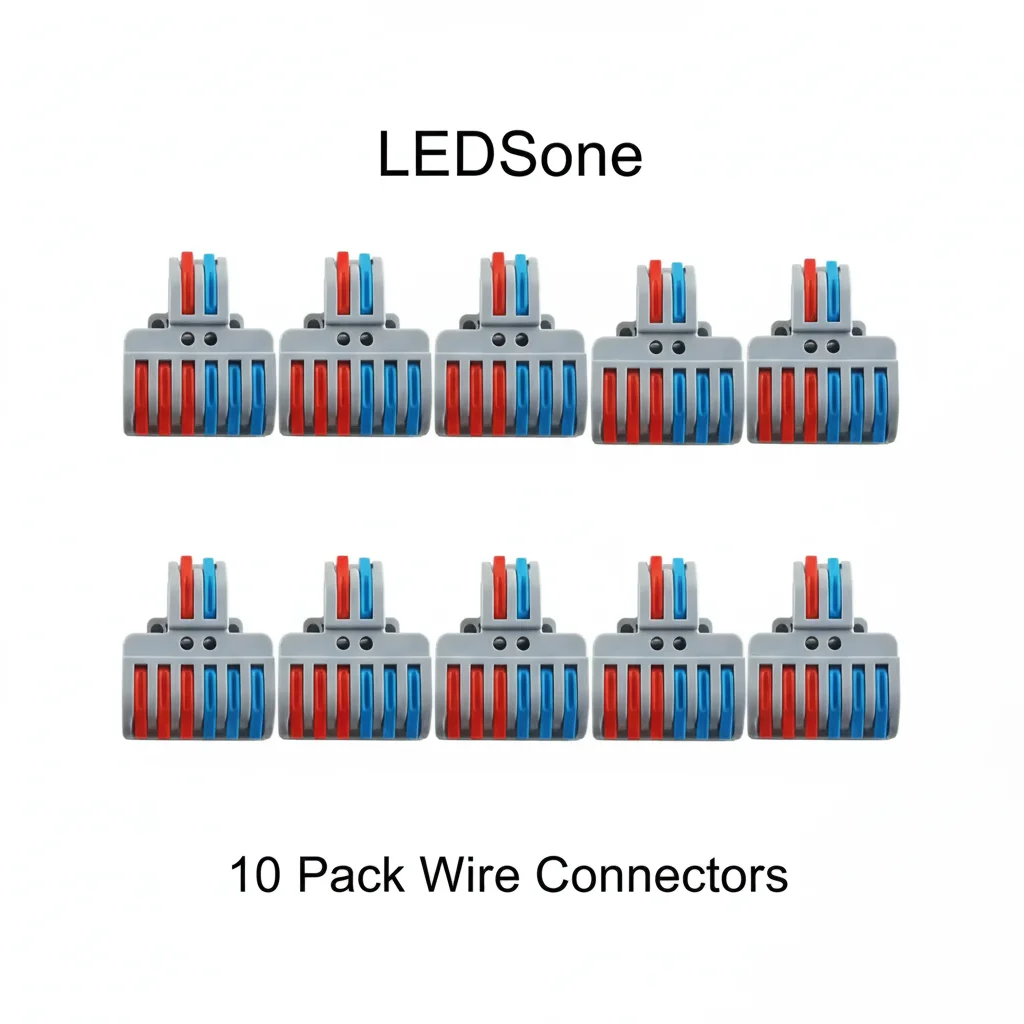 Compact 8-way wire connector with eight lever clamps, PVC exterior, and copper contacts for secure electrical connections