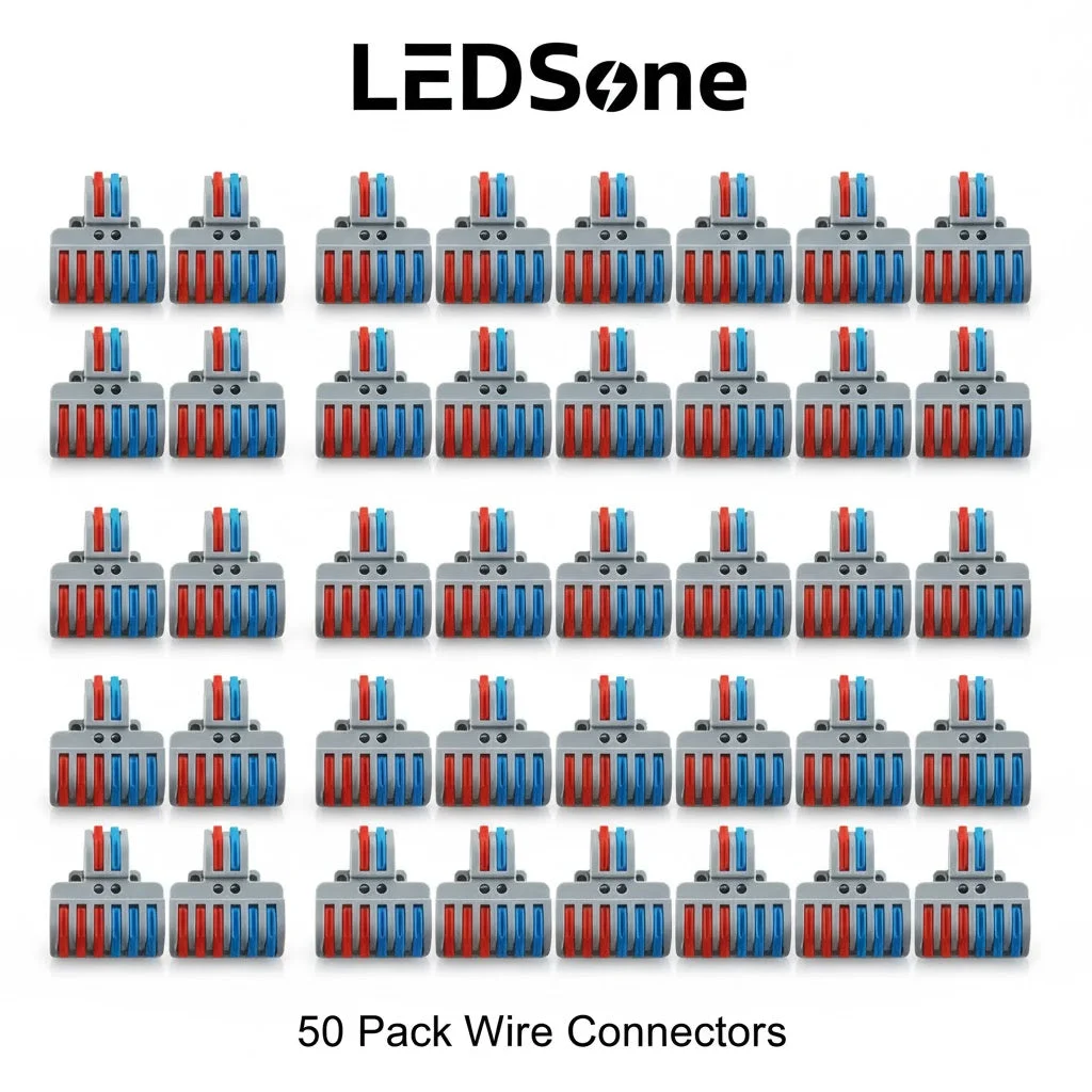 Compact 8-way wire connector with eight lever clamps, PVC exterior, and copper internal contacts for secure wiring connections
