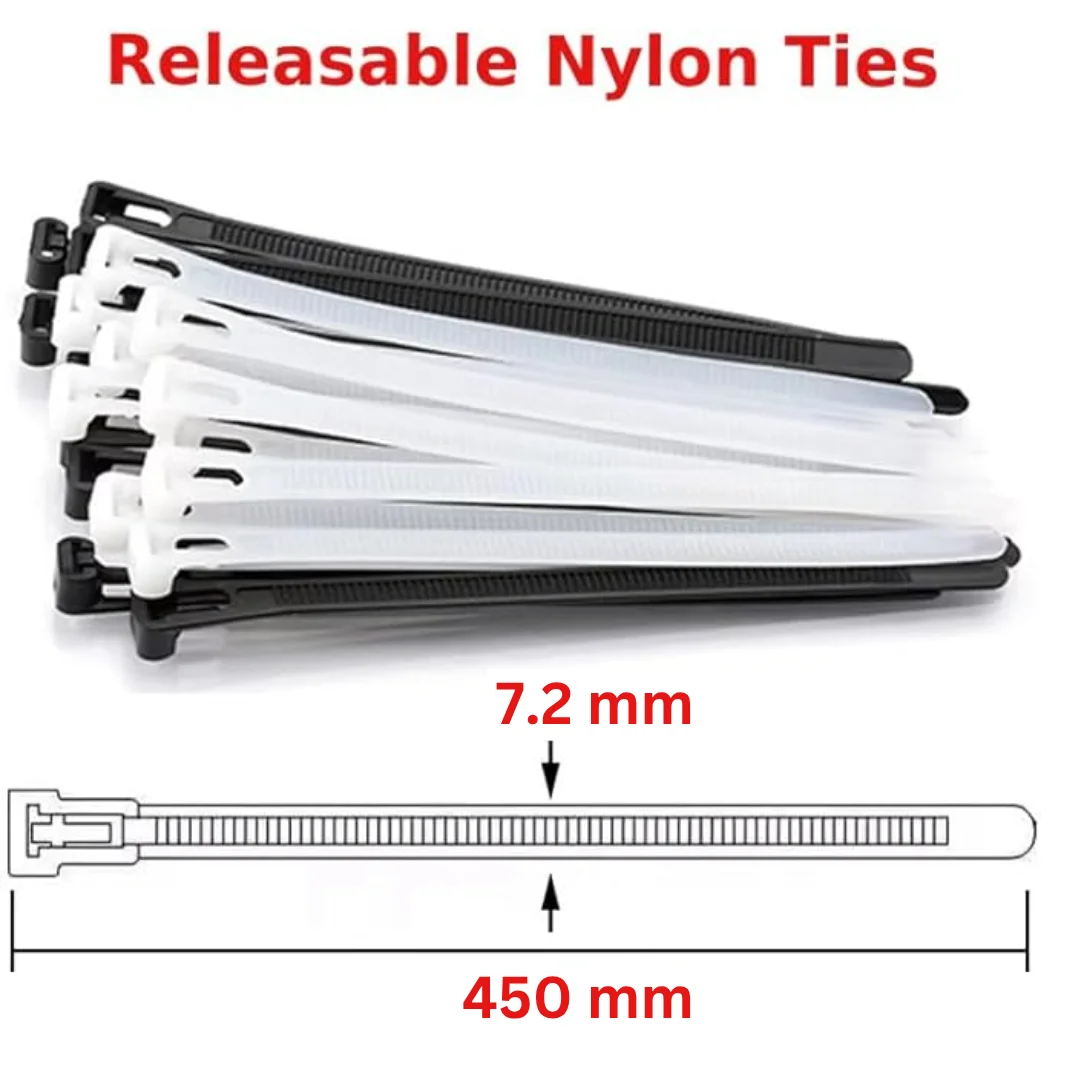 Black heavy duty cable ties 450mm long with hook and loop fastener, bundled together on white background