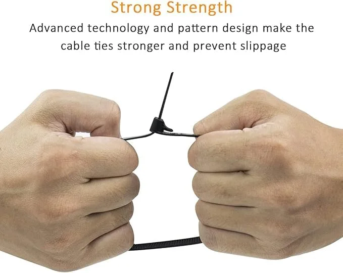 Bundle of 100 black cable ties, 450mm long and 7.2mm wide, showing hook and loop fastener design for reuse
