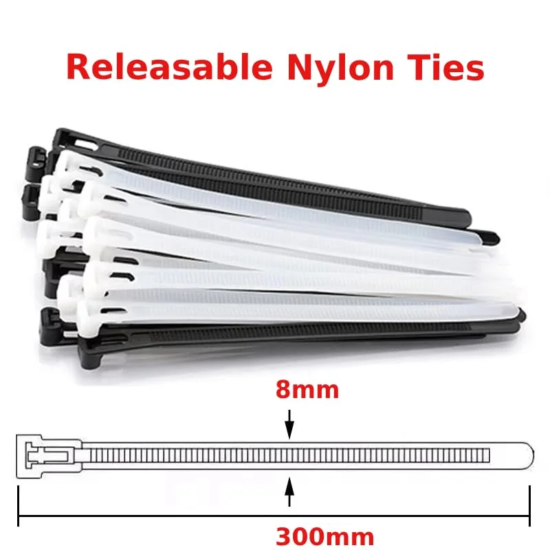 Bundle of 100 black heavy duty cable ties 300x8mm with hook and loop fastener, reusable and weather resistant