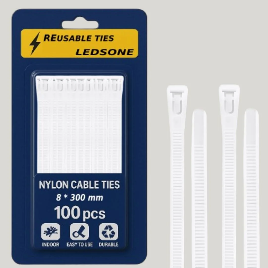 Bundle of 100 black nylon cable ties 300 x 8mm with hook and loop fastener, reusable and weather resistant