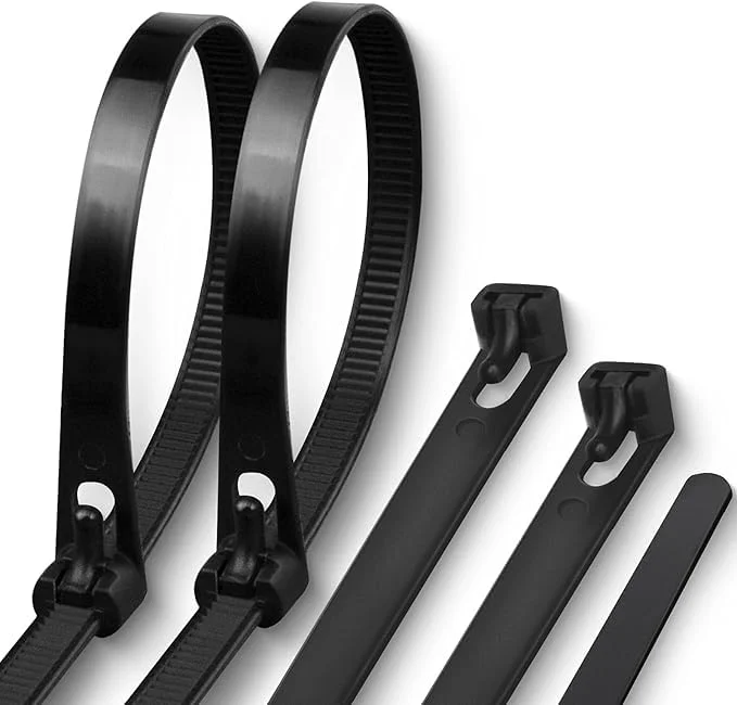 Black nylon cable ties displayed in a bundle, reusable cable ties with hook‑loop design for cable bundling.