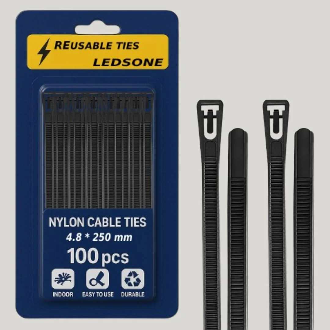 Pack of 100 black reusable cable ties – nylon, hook‑loop fastenings, 10‑inch length.