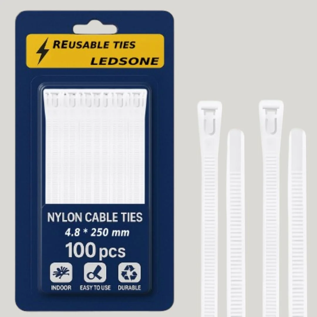 Pack of 100 black reusable cable ties with hook‑loop fasteners in a cardboard box.