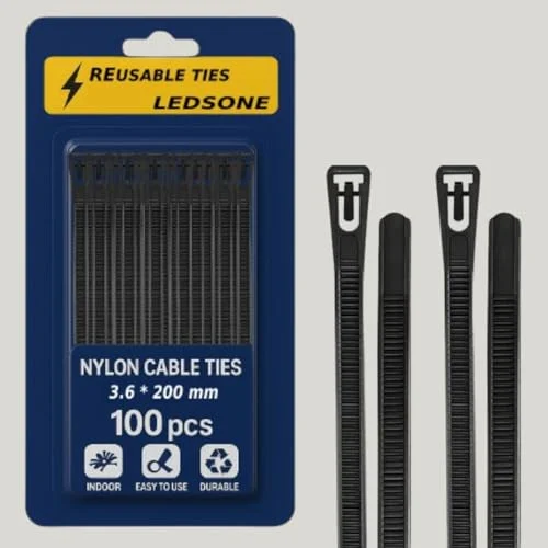 Bundle of 100 black reusable cable ties made of nylon with hook and loop fastener, 10 inches long, 4.8mm wide