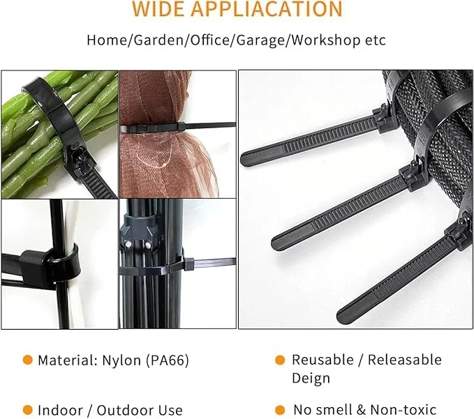 Bundle of black releasable cable ties showing hook and loop fastener design for easy reuse and adjustment