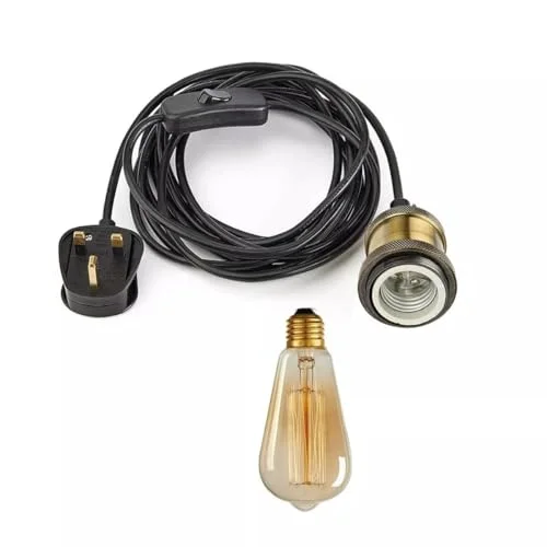 Industrial LED pendant light with braided cable, metal E27 holder, inline switch, and UK 3-pin plug on white background