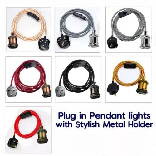 Industrial LED inline switch pendant light with braided cable, metal E27 holder, and UK 3-pin plug, 2m cord length