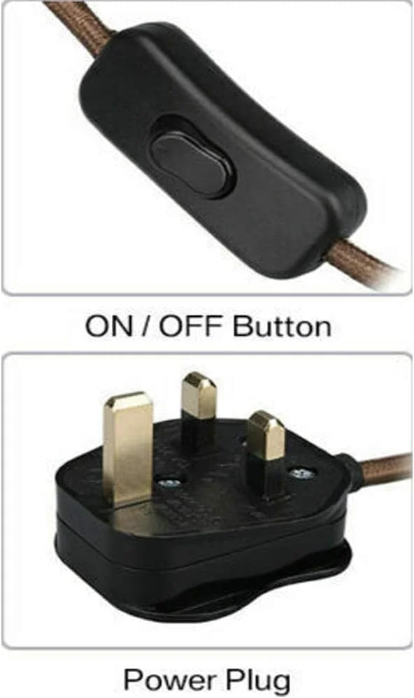 Industrial style lighting with black braided cable, metal E27 lamp holder, inline switch, and UK 3-pin plug on white background