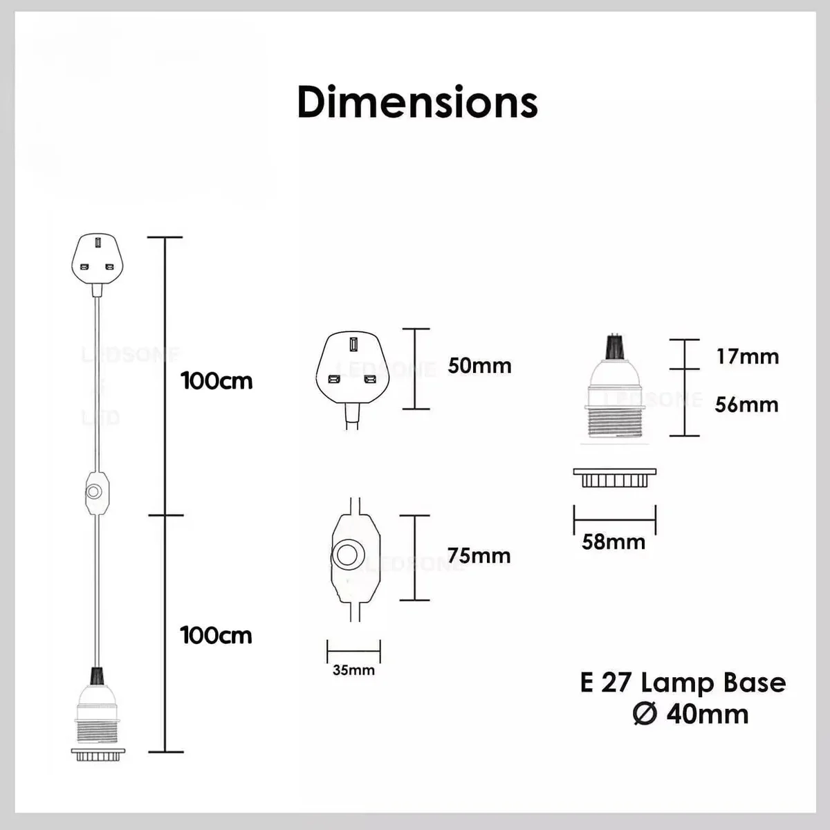 Industrial LED pendant light with braided cable, metal E27 holder, inline switch, and UK 3-pin plug on white background