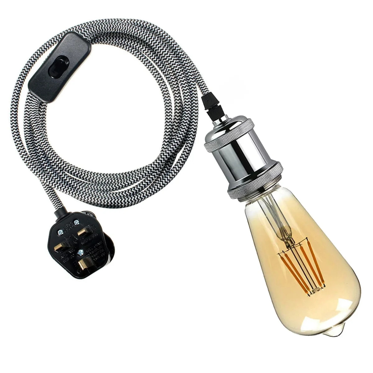 Industrial LED pendant light with braided cable, E27 metal holder, UK plug, and inline switch for easy control