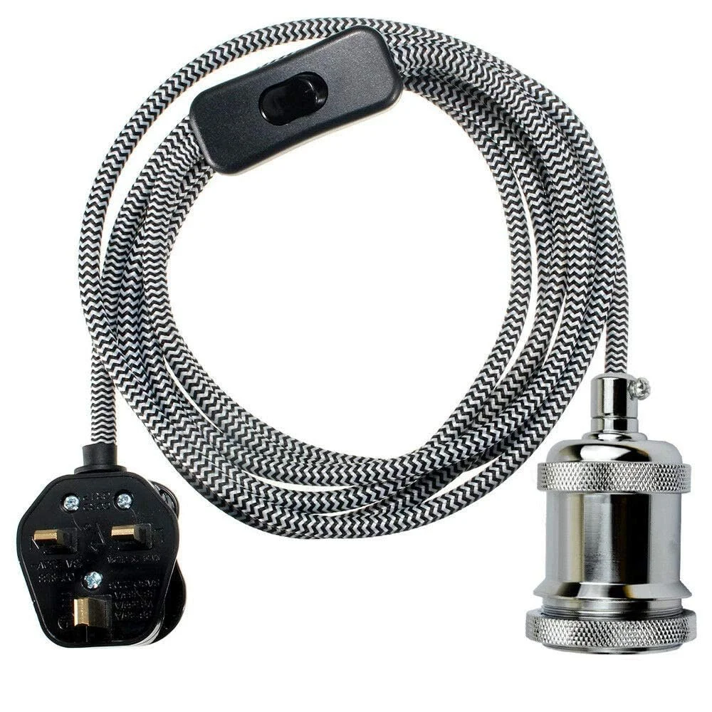 Industrial LED pendant light with braided cable, metal E27 holder, UK plug, and inline switch on white background