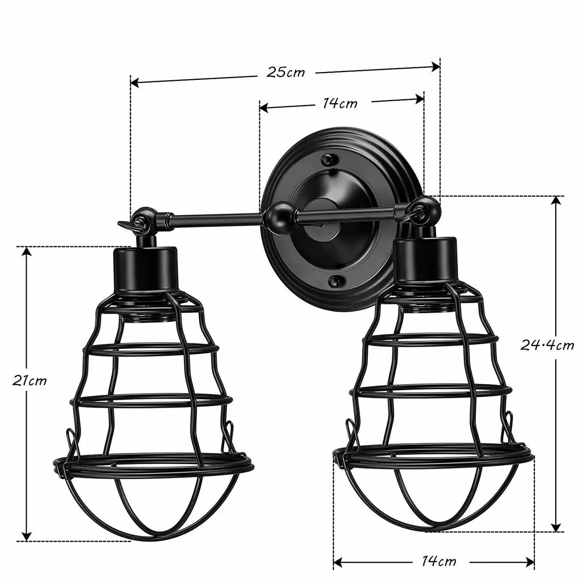 Industrial double head metal cage wall light with black vintage finish and decorative circular backplate on white wall