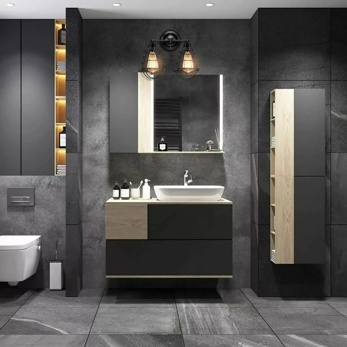 Vintage industrial sconce with dual black metal cage heads and decorative circular backplate mounted on wall