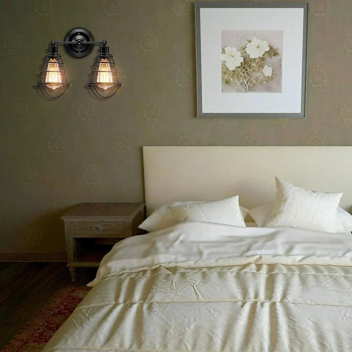 Industrial double cage dimmable wall light with two E27 sockets, black metal and decorative circular backplate close-up view