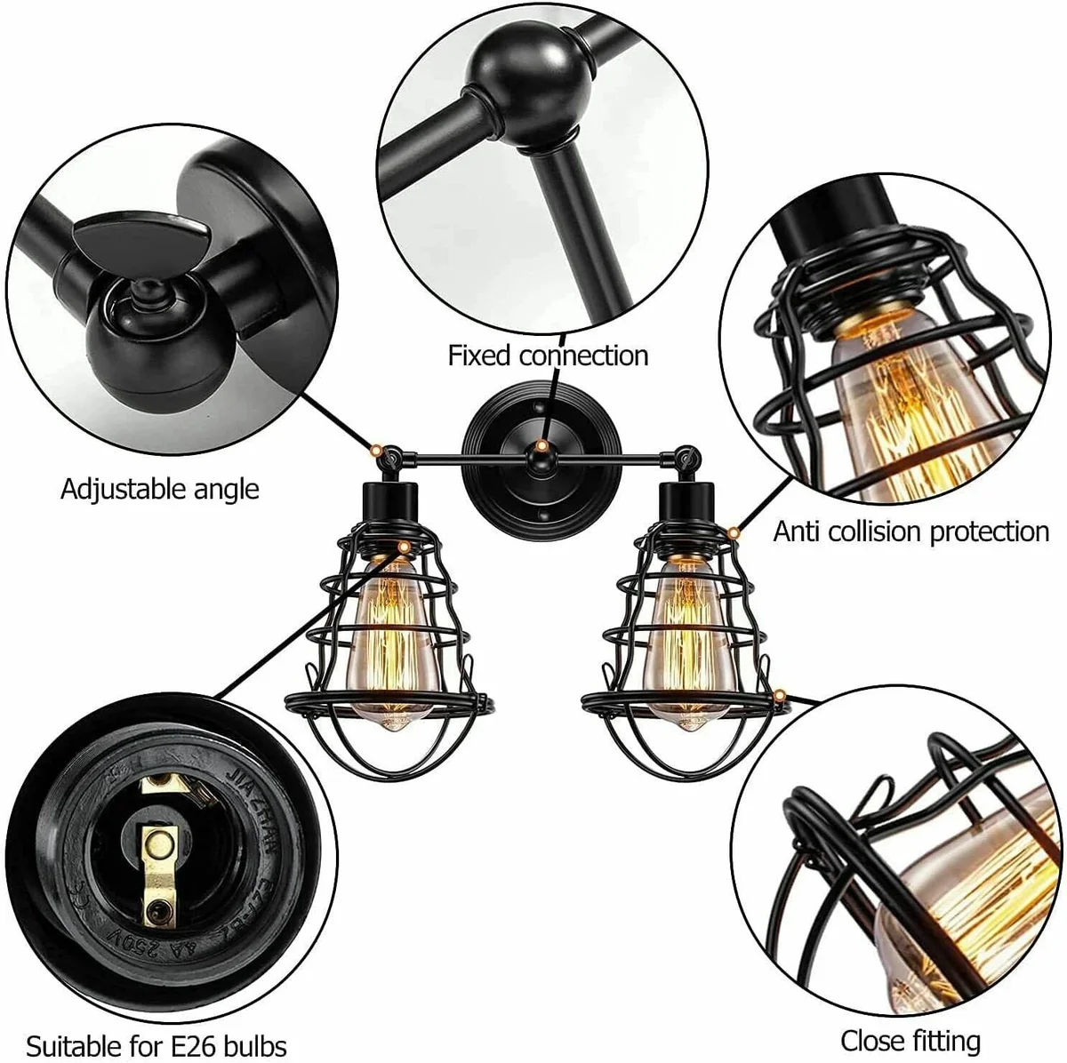 Industrial wall sconce with dual E27 bulb holders, black metal double cage design, and circular decorative backplate