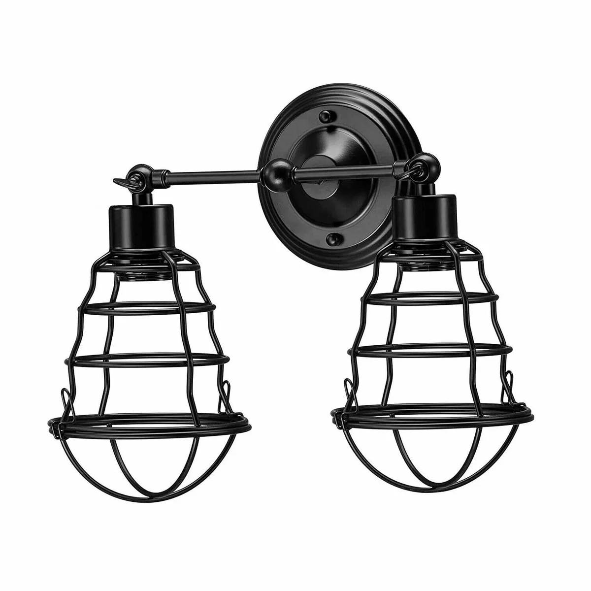 Industrial wall sconce with dual E27 cage lamps, black metal finish, and decorative circular backplate mounted on wall