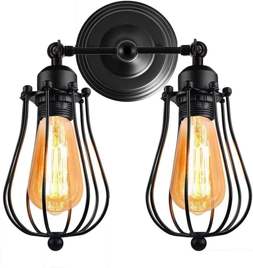 Industrial wall sconce with dual E27 cage lamps, black metal finish, and circular decorative backplate mounted on wall