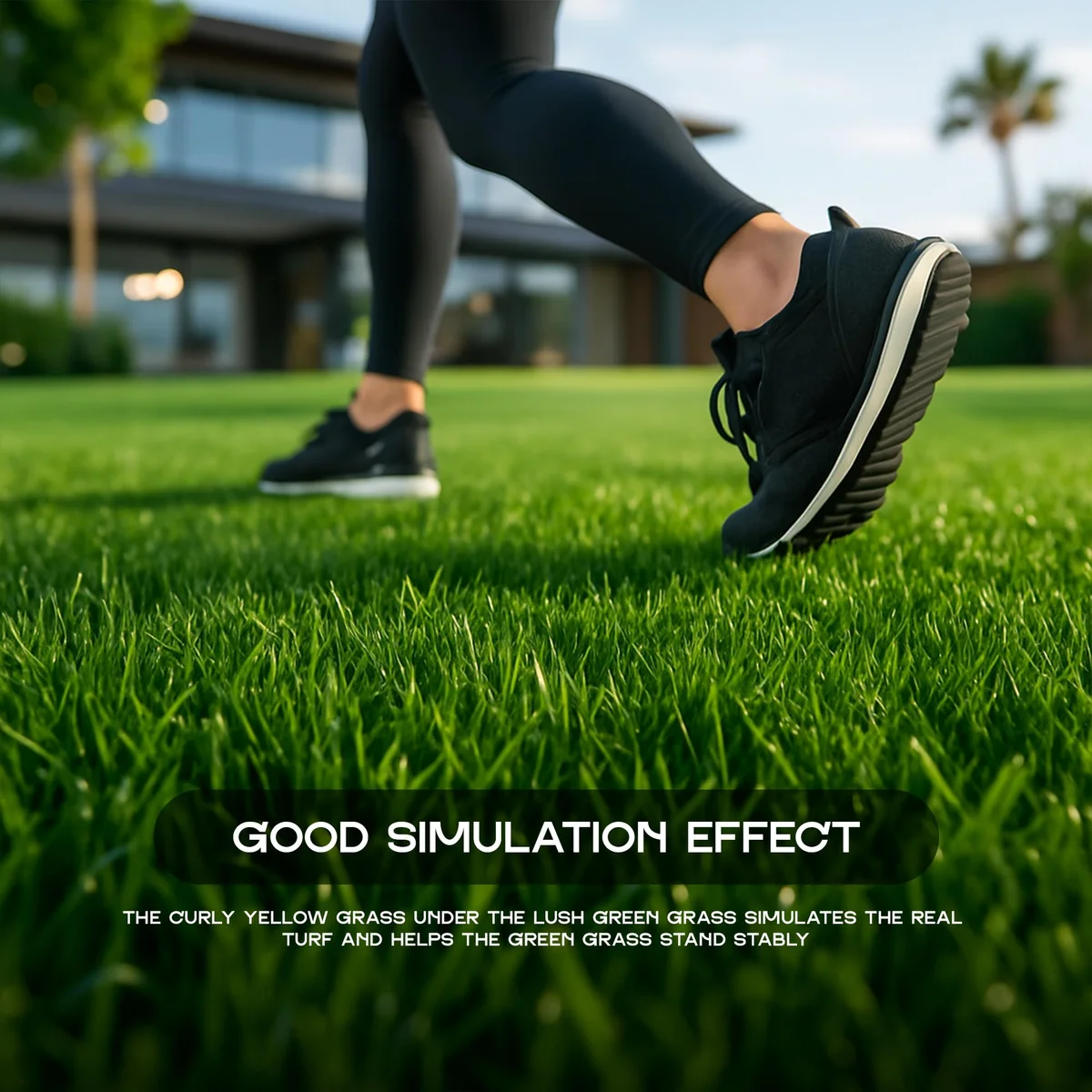 Six 30x30 cm artificial grass tiles arranged in a square, showing green 25mm high polyethylene grass fibers