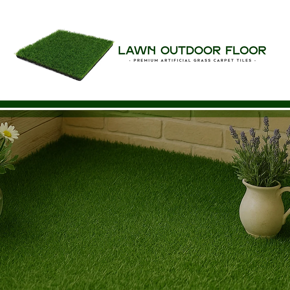 Six 30x30 cm reusable grass tiles with 25mm high artificial green grass arranged in a neat square pattern