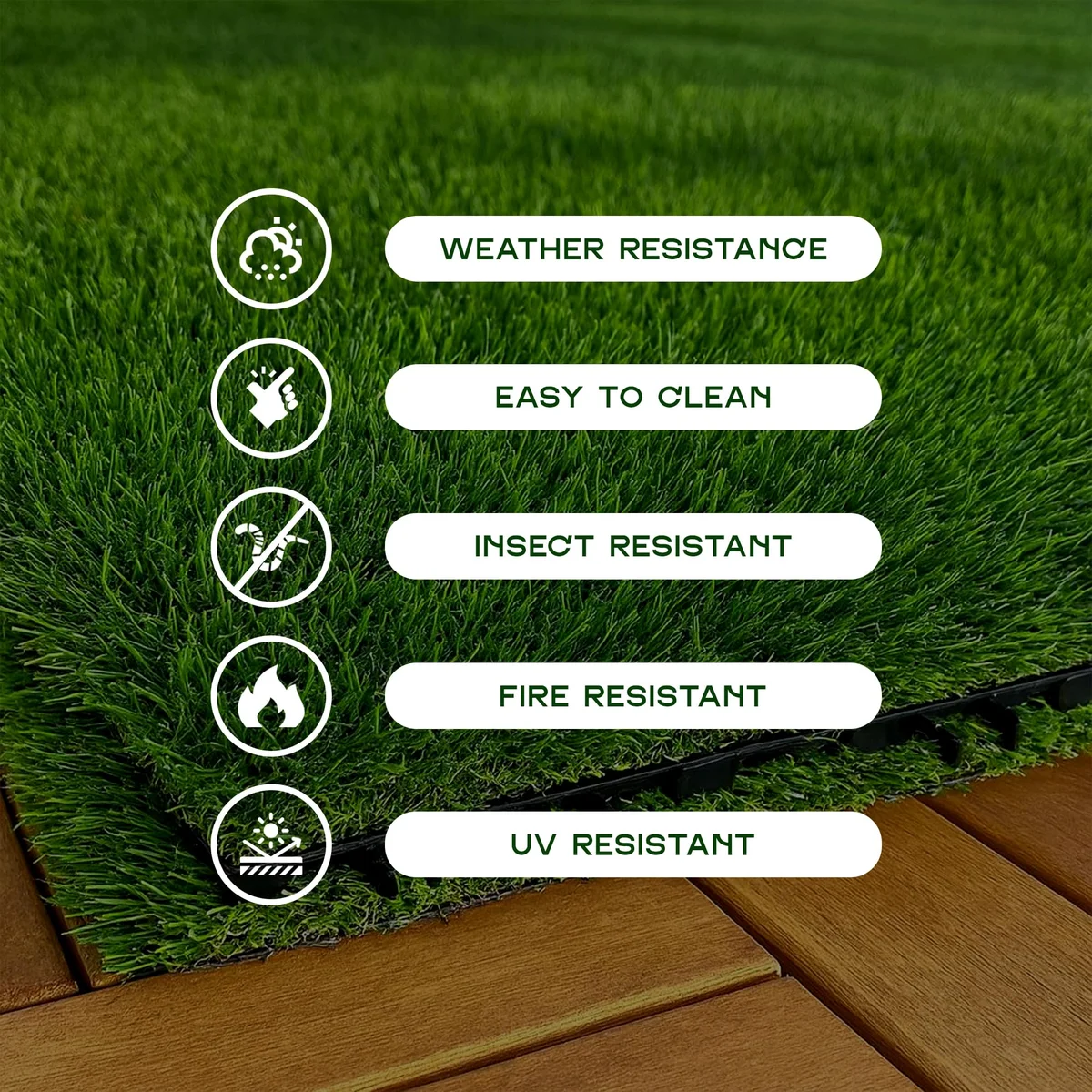 Six 30x30 cm easy install grass tiles with 25mm high artificial polyethylene grass arranged on a flat surface