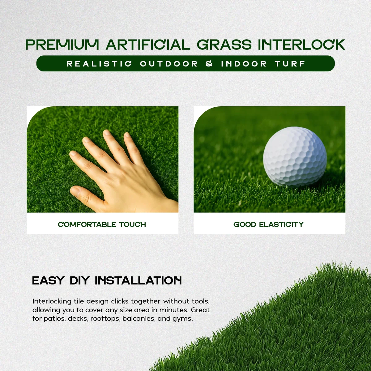 Six 30x30 cm artificial grass tiles arranged in a grid showing realistic green grass texture and soft fibers