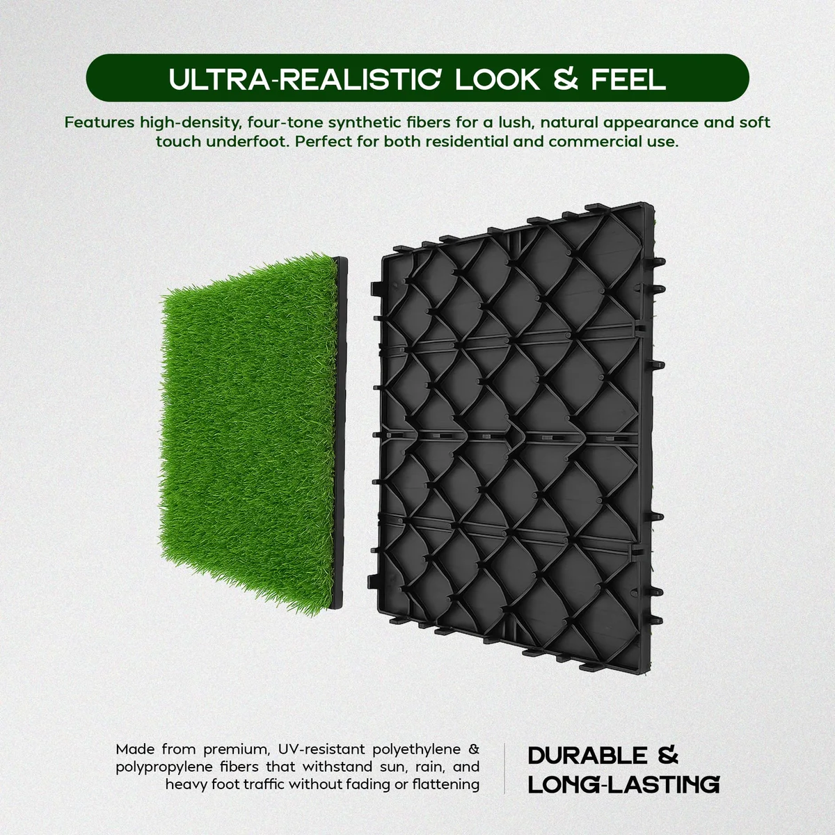 Set of six 30x30 cm artificial grass tiles with 25 mm high green polyethylene grass for outdoor use
