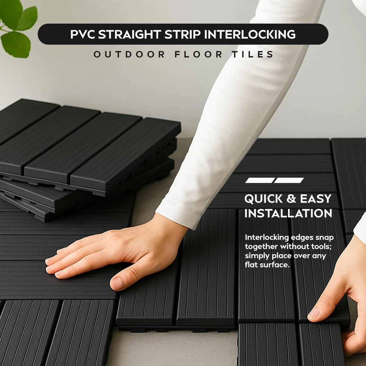 Facing view of interlocking composite decking tiles in anthracite, showing square pattern and snap‑fit design.