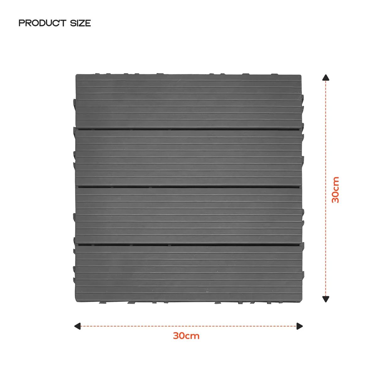 Interlocking decking tiles installed on patio, showing anthracite squares with tool‑free snap joints, waterproof surface.