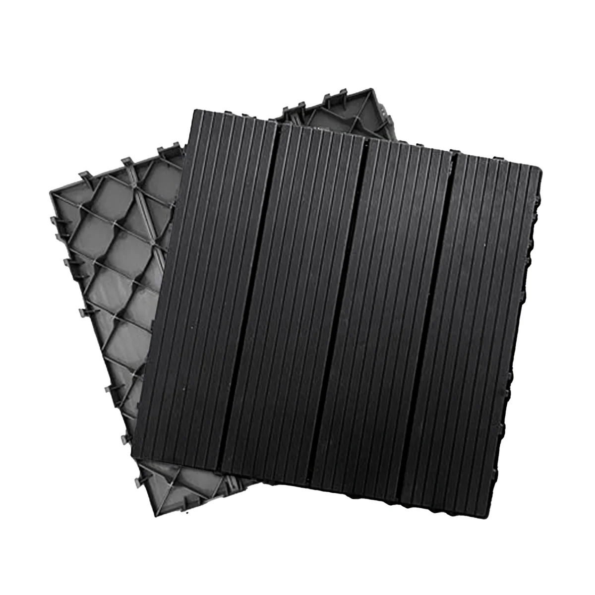 Composite interlocking outdoor floor tiles in anthracite and grey squares, snap‑connected, waterproof 30 cm tiles for patio or garden.